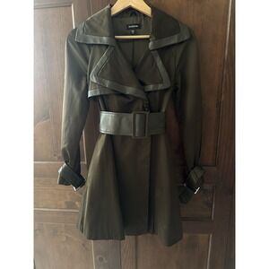 Vintage Bebe leather trimmed jacket brown XS Belt Pleated XS Coat Y2K Rare